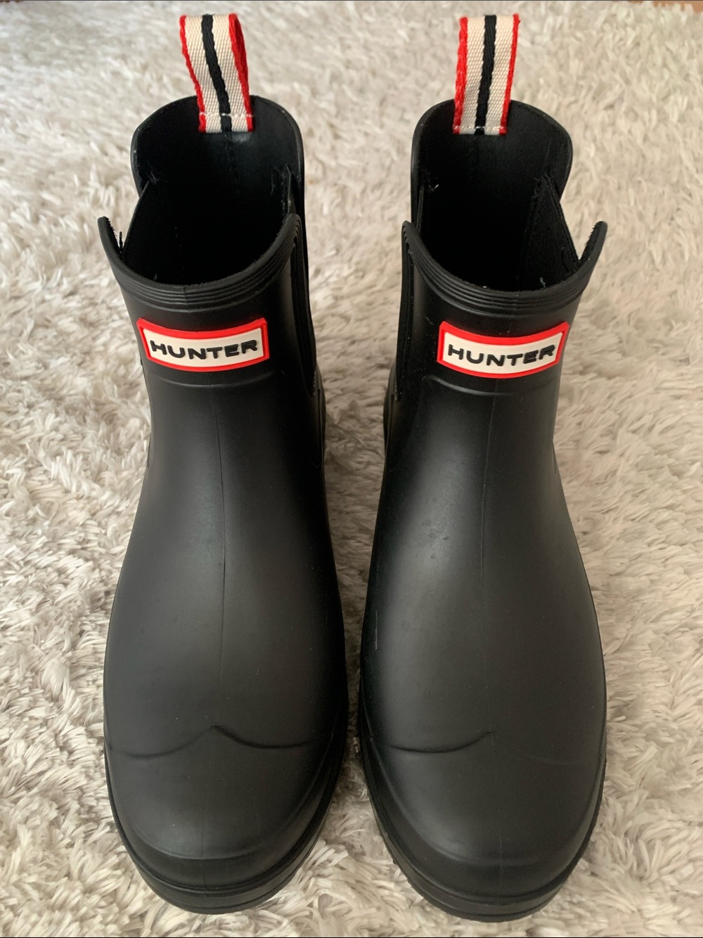 Hunter “Tabitha” Black Rain Chelsea Boots with Red Logo Trim